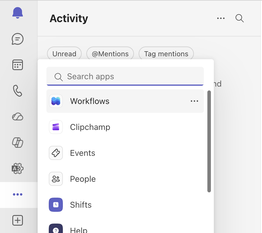 Find the Workflows app in Microsoft Teams