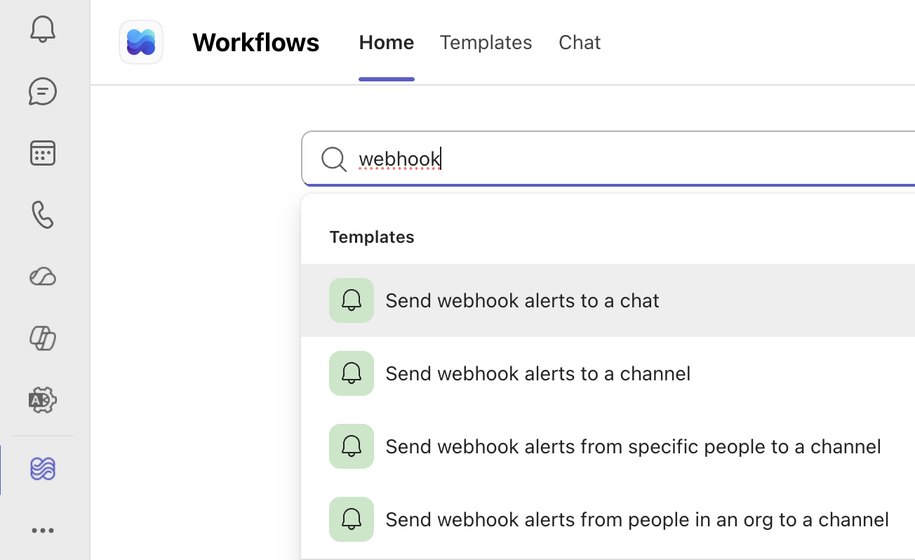 Select the Post to a channel webhook template in Teams Workflows
